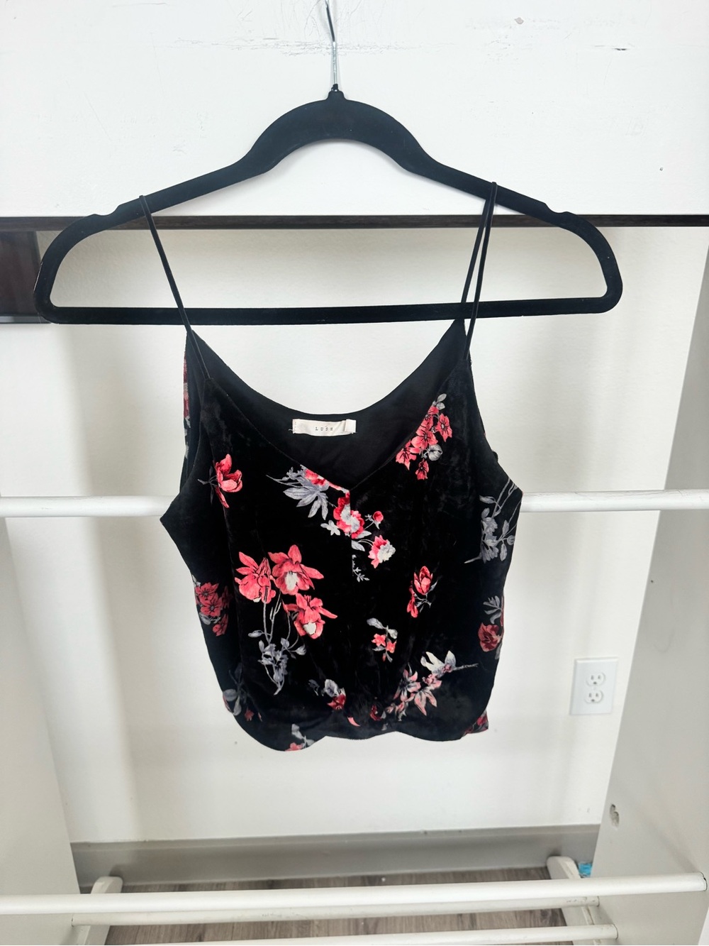Lush Black Velvet Floral Cami with Red & Gray Blooms